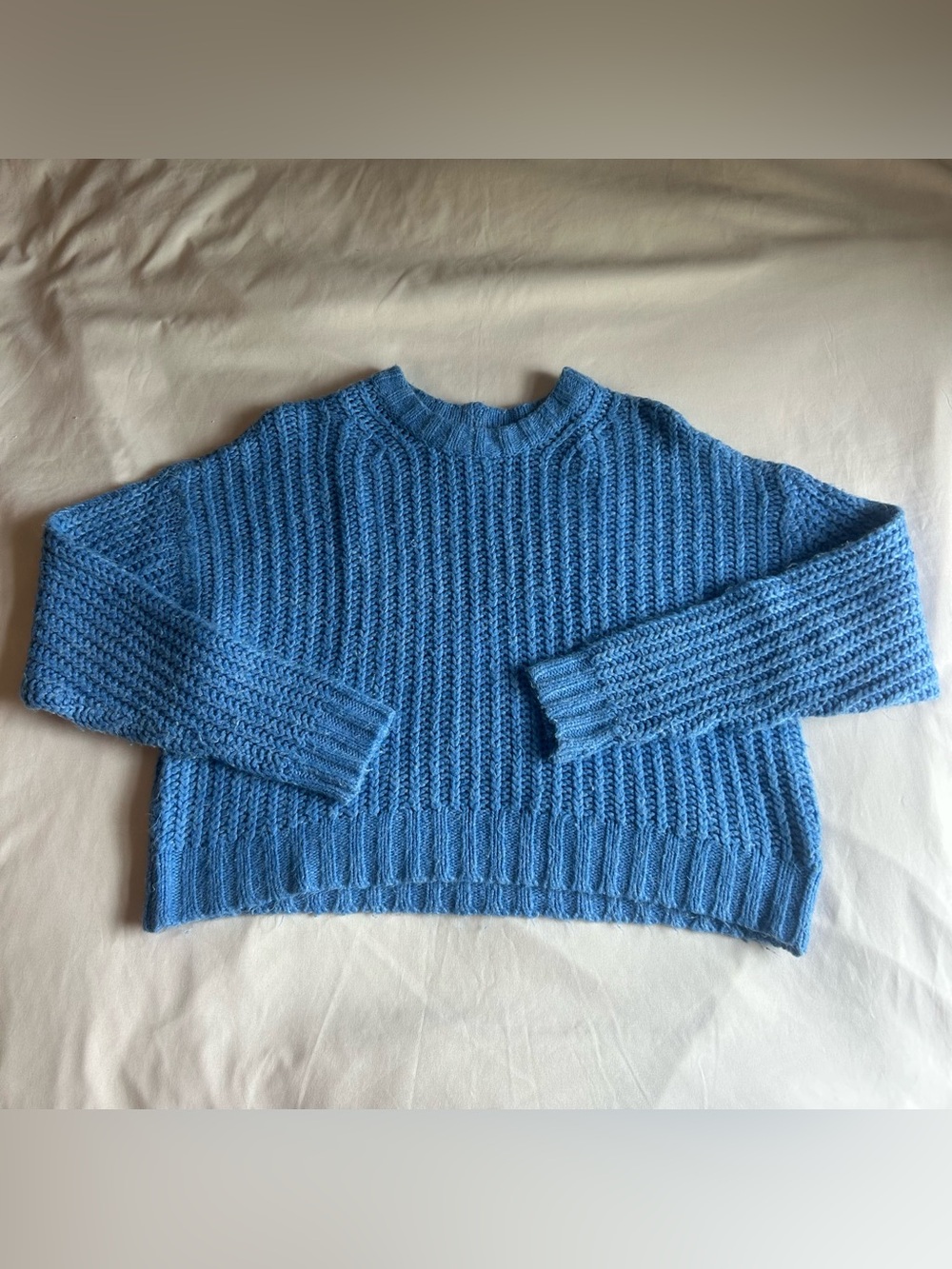 American Eagle Cropped Ribbed Crewneck Sweater – Light Blue – Size Small